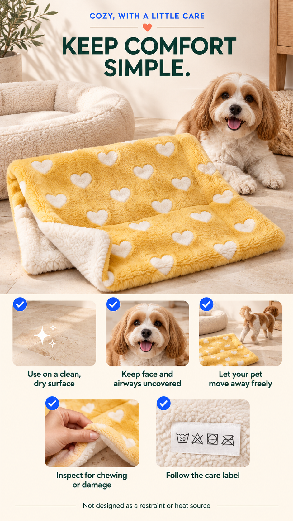 Yellow love thick flannel pet blanket care checklist covering dry placement, uncovered face, free movement, damage inspection, and care-label directions.