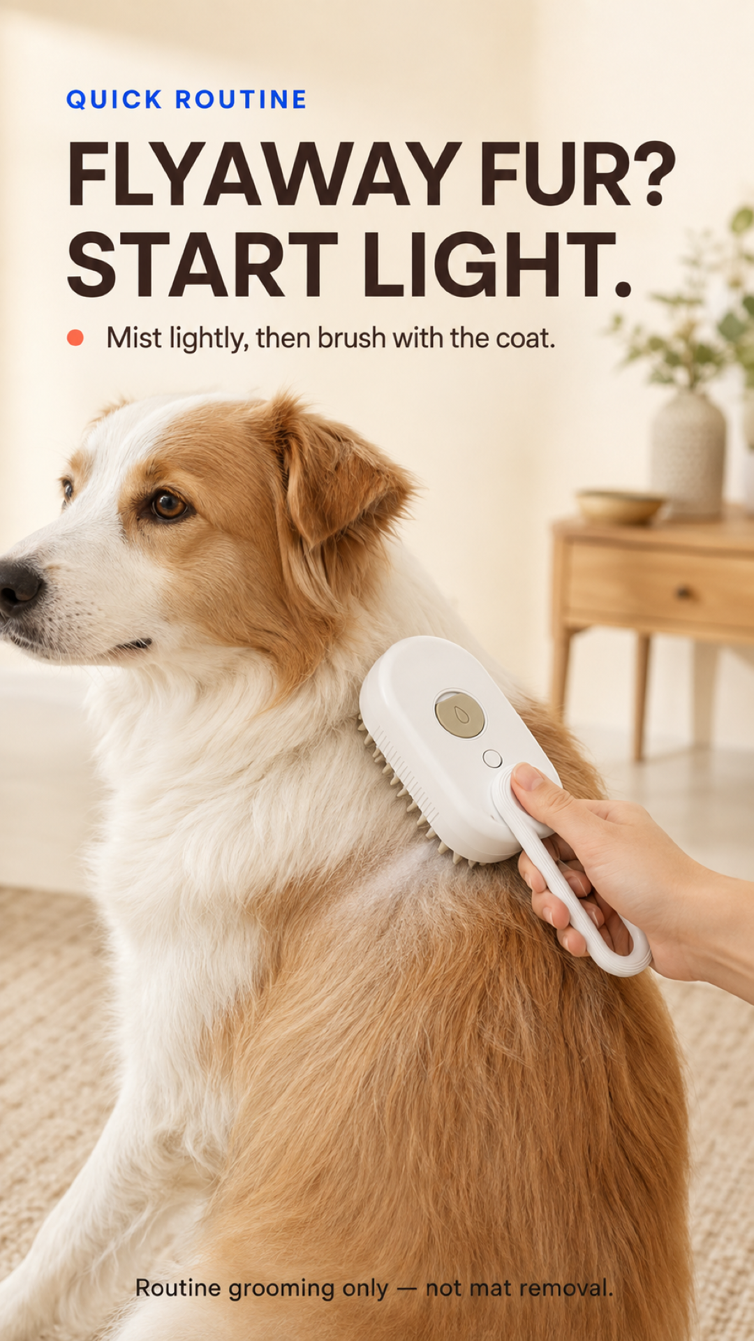 Porcelain White misting grooming brush used gently on an adult dog