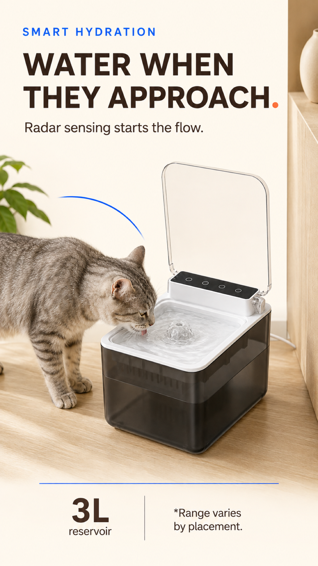 Vertical graphic showing a cat approaching the 3L automatic pet water fountain