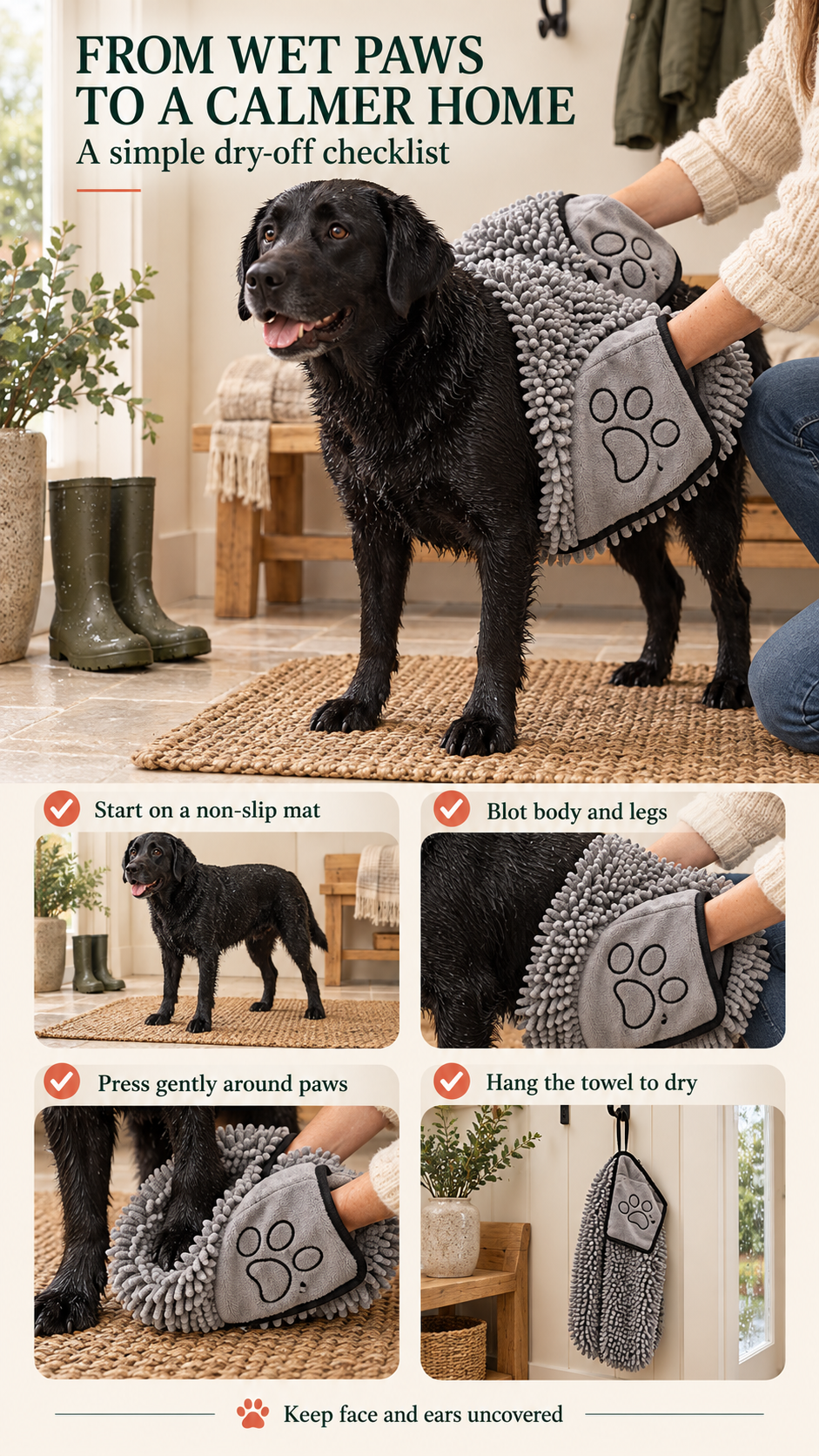 Grey pet drying towel checklist for blotting the body, legs, and paws before hanging the towel to dry.