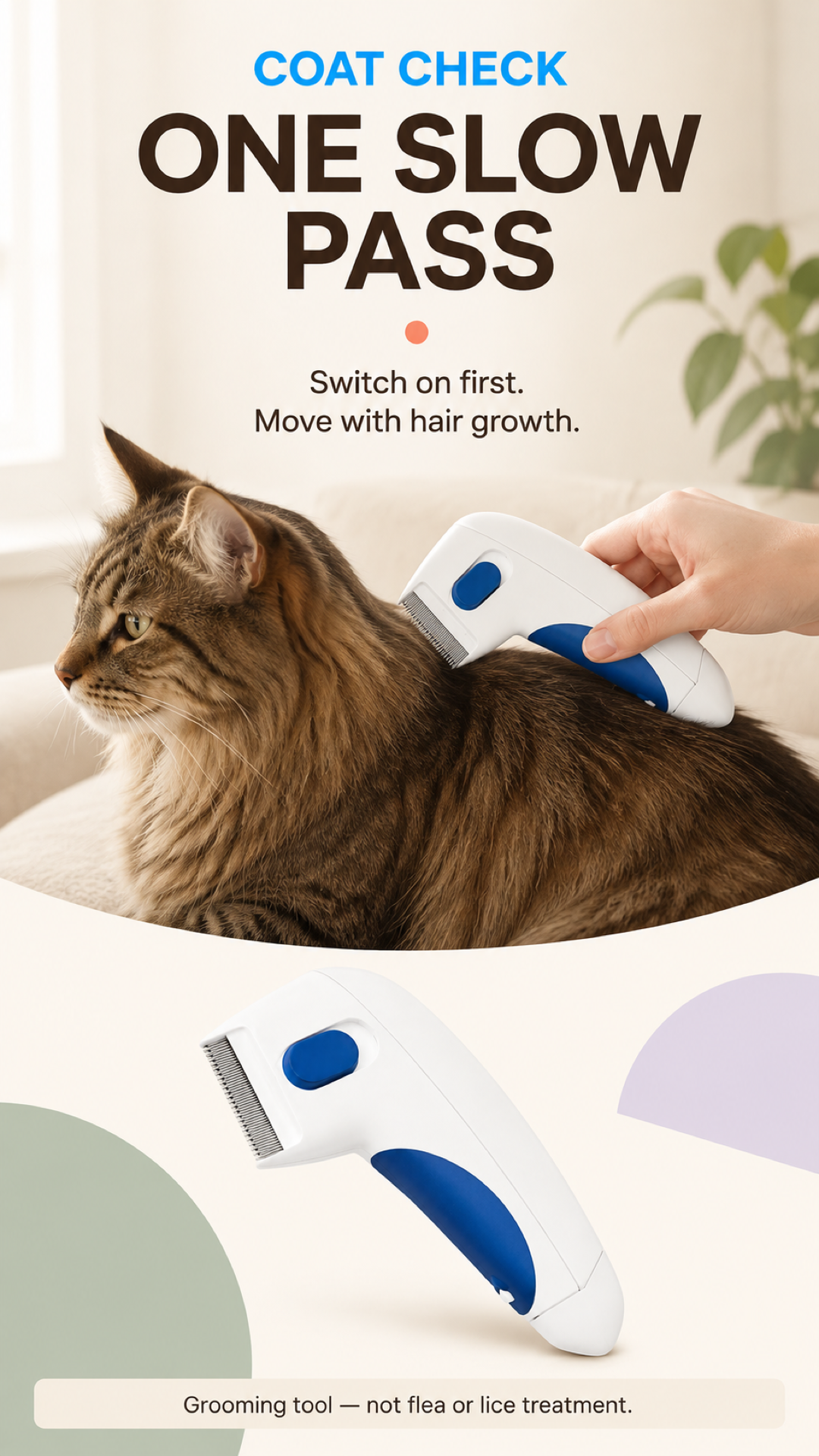 Vertical first-frame image of a slow grooming pass on a long-haired tabby cat with the electric pet comb.