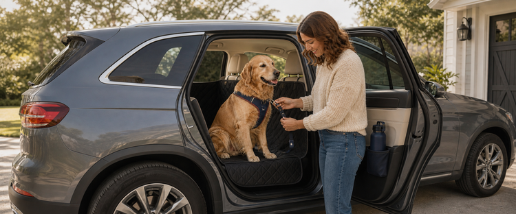 Dog traveling comfortably with its owner — Lunna Pet Co Car and Travel