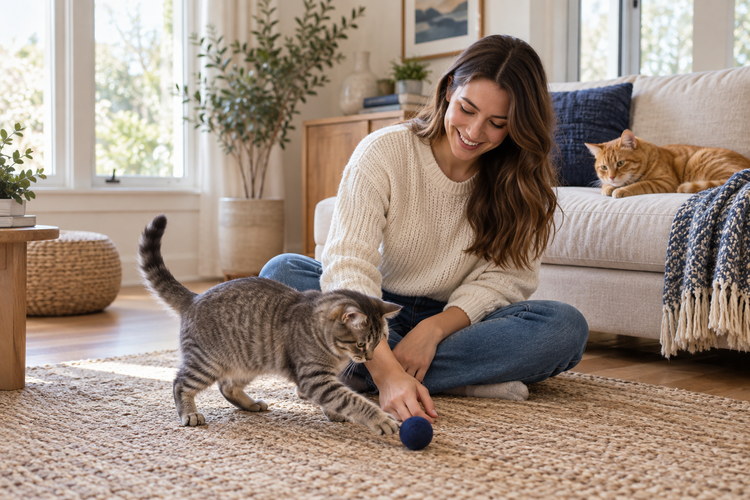 Pet parent playing with a gray tabby cat in a cozy living room, with an orange cat resting nearby.