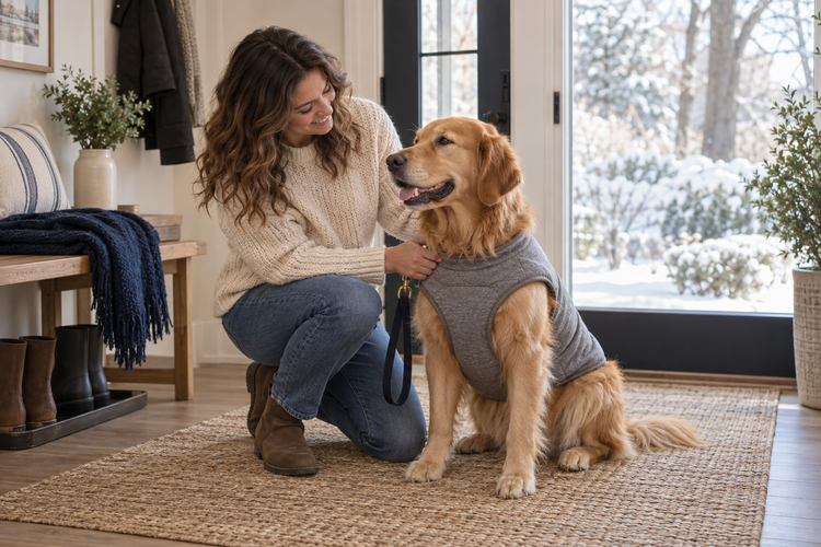 Pet parent preparing a golden retriever in a gray vest for a winter walk in a warm home entryway.