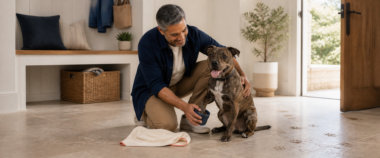 Owner cleaning the paw of a rescued brindle dog — Lunna Pet Co Home and Cleaning