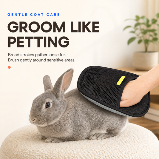 Gray rabbit being gently groomed with a black pet grooming mitt