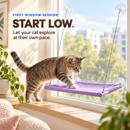 Tabby cat steps from an interior sill onto a low-mounted Purple suction cup window hammock.