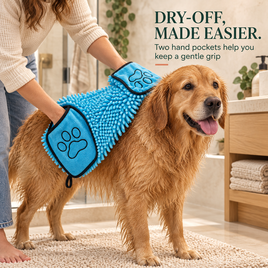 Caregiver gently dries a Golden Retriever with the Blue chenille pet towel using both hand pockets.