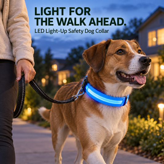 Dog wears a Blue rechargeable LED light-up collar during a supervised evening walk with the leash clipped to the D-ring.