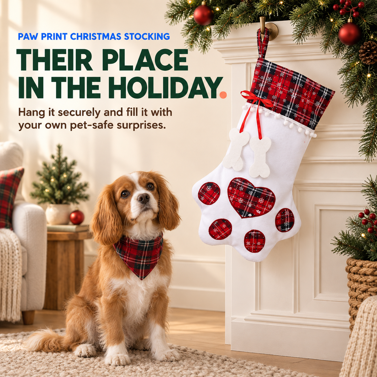 Red Paw Print Christmas Stocking hangs securely in a decorated holiday room while a small dog sits nearby.