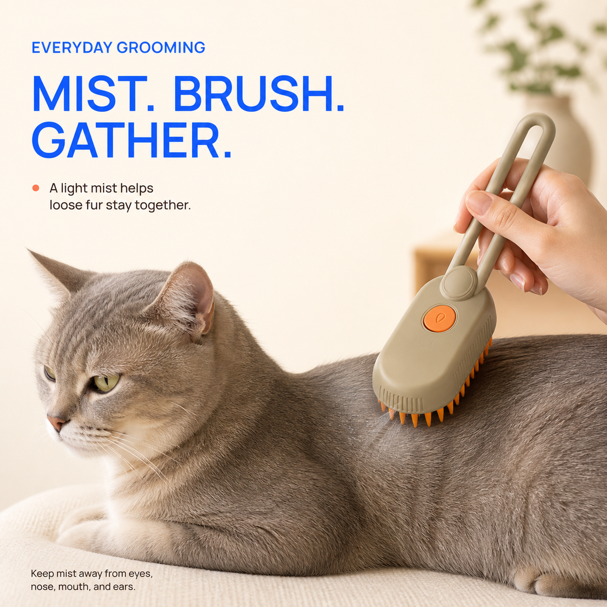 Taupe misting grooming brush used gently on an adult cat
