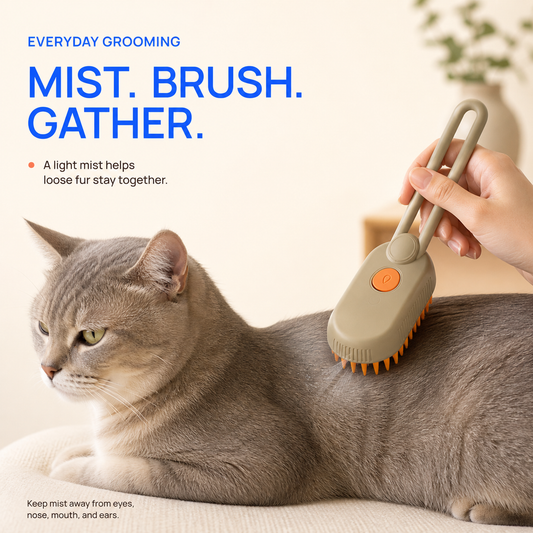 Taupe misting grooming brush used gently on an adult cat