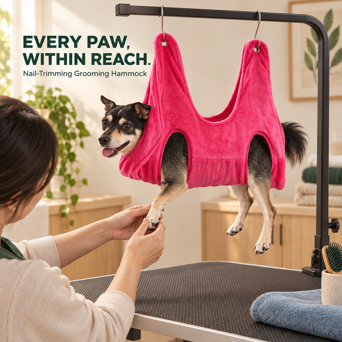 Small dog supported in a Pink nail-trimming grooming hammock above a padded grooming table.