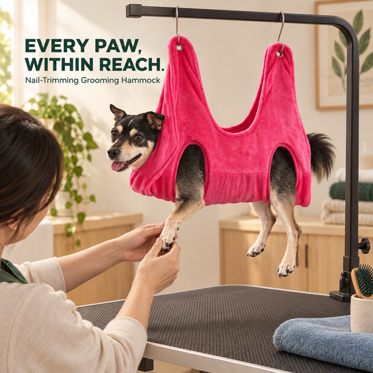 Small dog supported in a Pink nail-trimming grooming hammock above a padded grooming table.