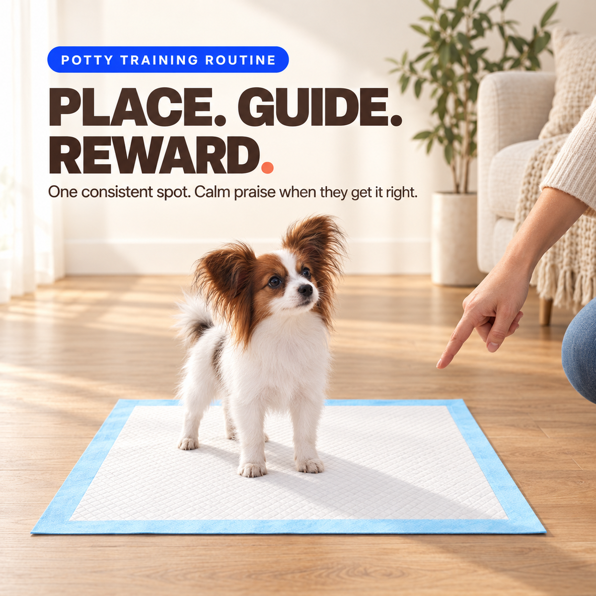Small dog stands calmly on a disposable training pad with a white quilted top and blue border.