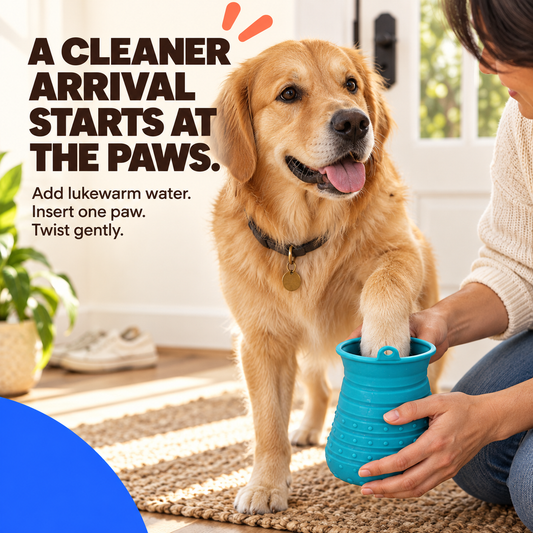 Dog has one paw gently cleaned in a Blue silicone paw cleaner cup with lukewarm water.