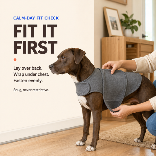 Owner fits a Heather Gray dog vest around a calm brown dog in a cream living room.