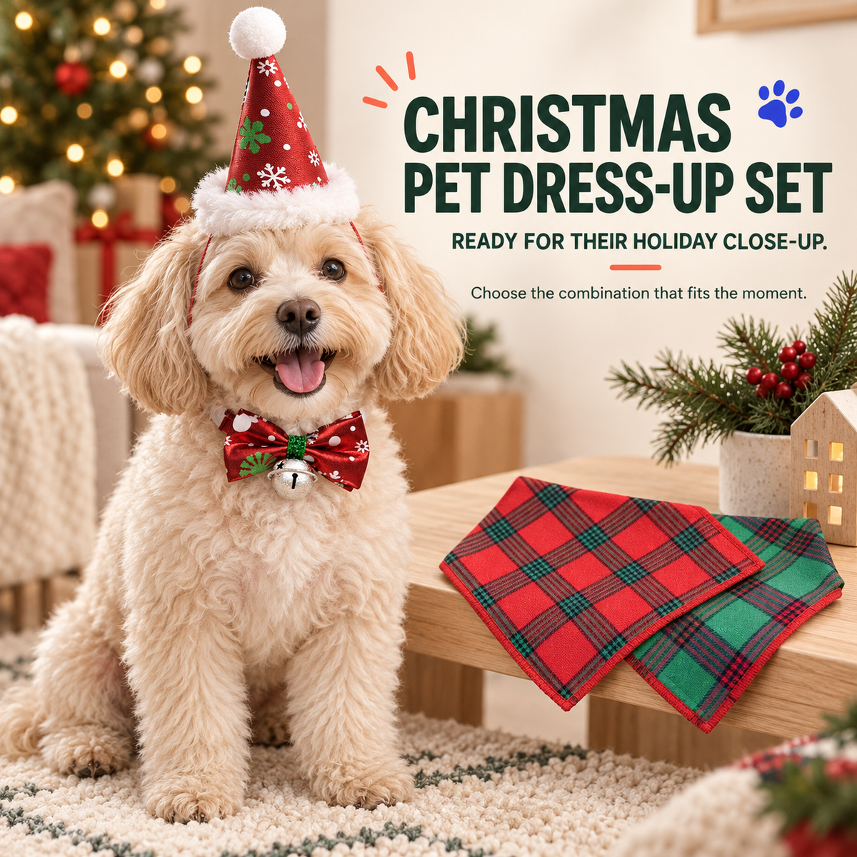 Small cream dog wears the red Christmas hat and bow tie beside the red and green plaid bandanas from the four-piece set.