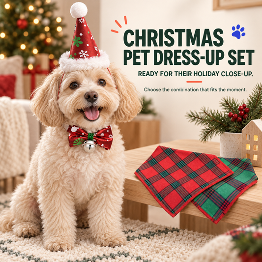 Small cream dog wears the red Christmas hat and bow tie beside the red and green plaid bandanas from the four-piece set.