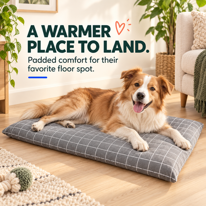 Dog rests on the Grey windowpane Plush Winter Pet Bed Mat on a pale oak living-room floor.