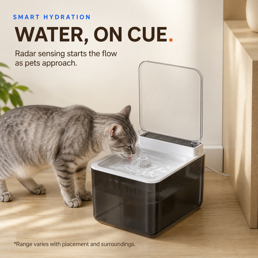 Gray tabby cat drinking from a 3L radar-sensing pet water fountain