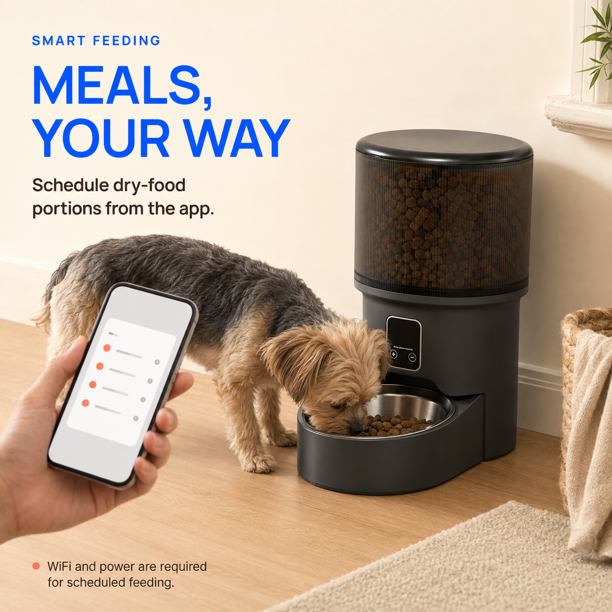 Small dog eating dry kibble from the Black 4L smart feeder with stainless-steel bowl
