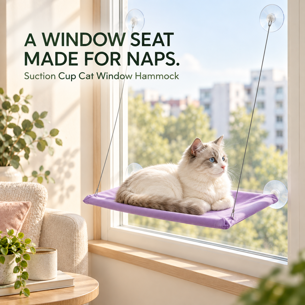 Cream and gray cat rests on a Purple suction cup window hammock beside a closed window.