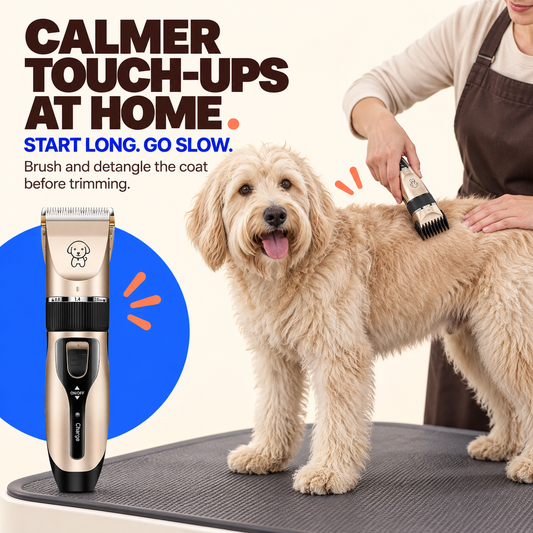 Adult caregiver uses a Champagne cordless pet clipper with a guide comb on a calm dog's back.