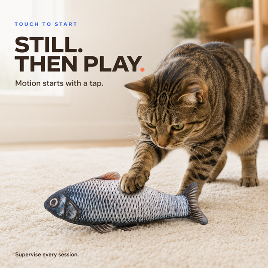 Brown tabby cat tapping a blue-gray flopping fish toy on a cream rug.