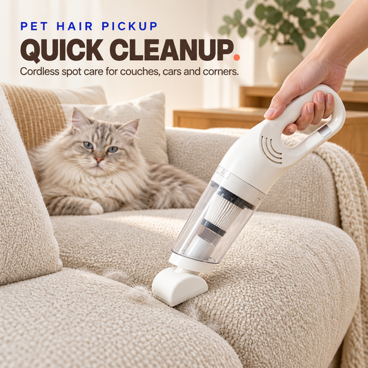 White cordless pet hair vacuum cleaning loose fur from a cream sofa while a cat rests safely nearby.