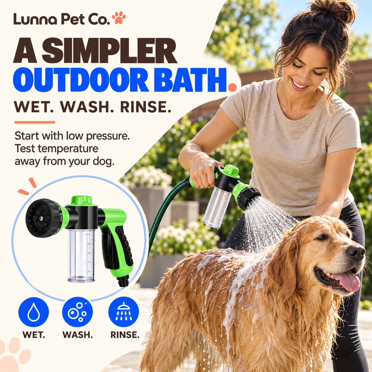 Adult caregiver uses a Green outdoor dog wash sprayer with a gentle shower pattern on a calm dog's back.