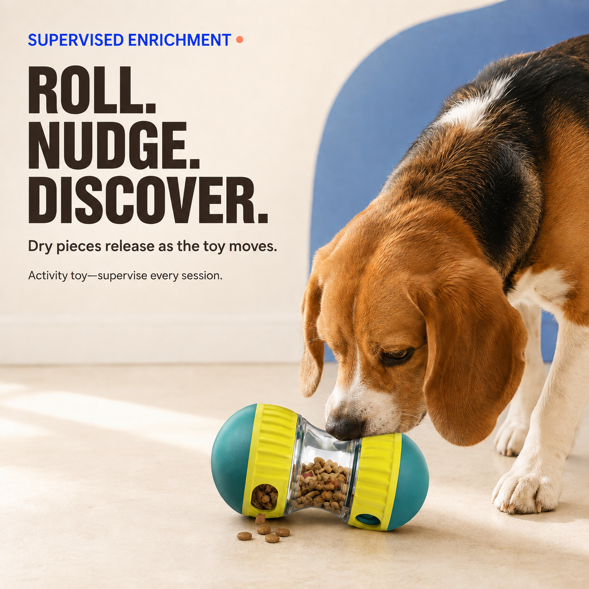 Beagle nudging the Green adjustable treat-dispensing dog puzzle toy on a flat floor