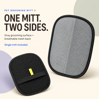 Black pet grooming mitt shown from the gray working side and mesh back