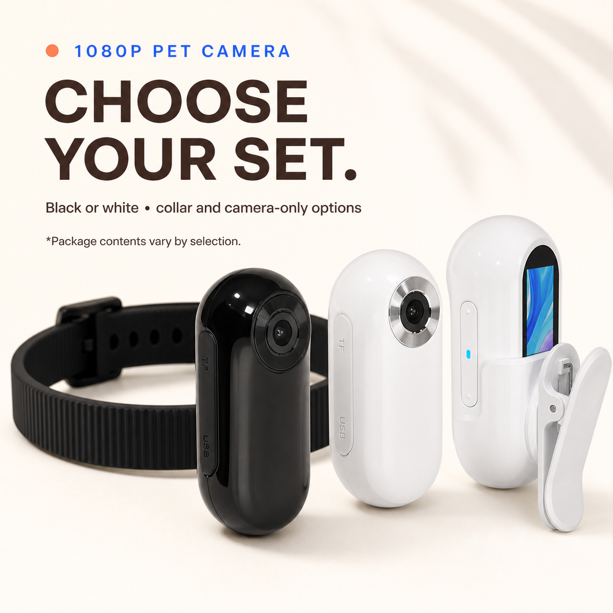 Black and white 1080p pet collar cameras with silicone collar and rear screen view