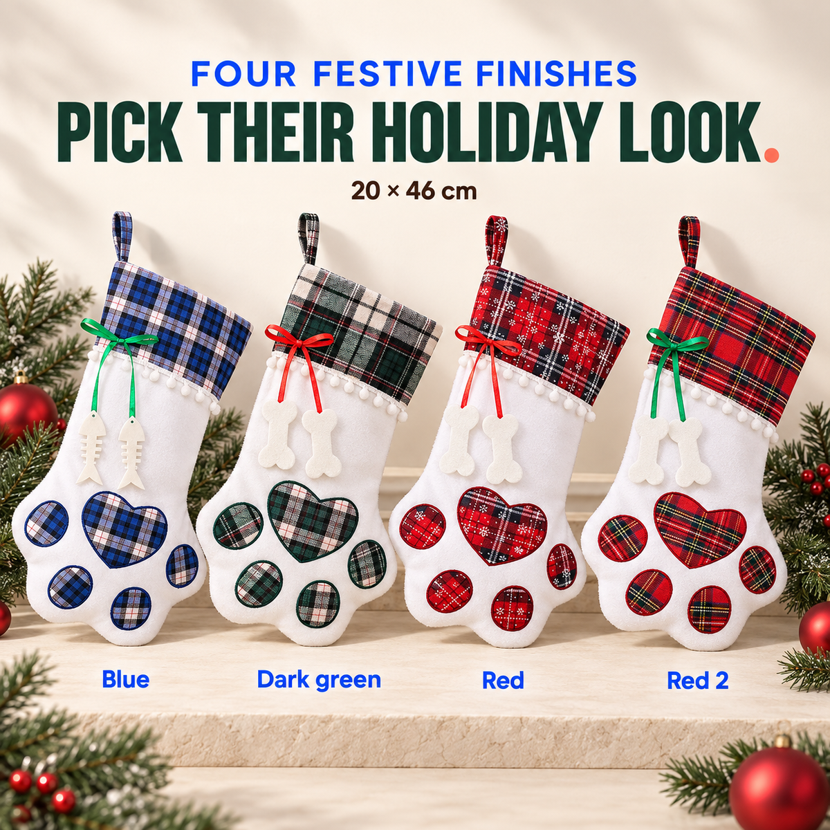 Blue, Dark green, Red, and Red 2 Paw Print Christmas Stocking options shown together with the 20 by 46 centimeter size.