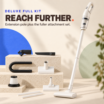 Deluxe white cordless pet hair vacuum with extension pole and fuller attachment set.