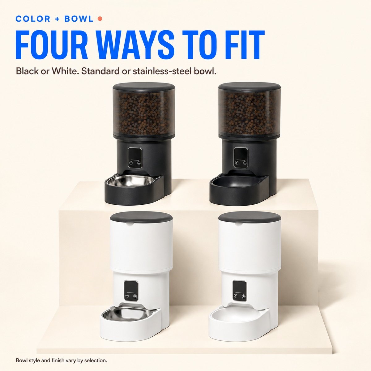 Four 4L smart feeder options in Black or White with standard or stainless-steel bowls