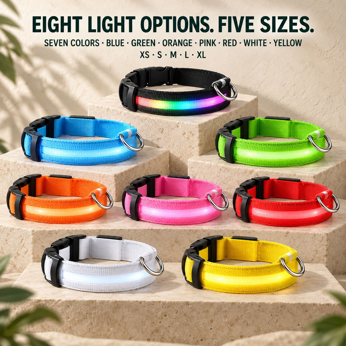 Eight rechargeable LED dog collar light options in Seven colors, Blue, Green, Orange, Pink, Red, White, and Yellow, available in XS through XL.