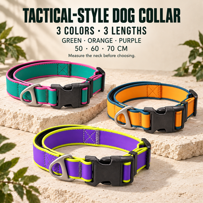 Green, Orange, and Purple tactical-style dog collars in 50, 60, and 70 cm total lengths.