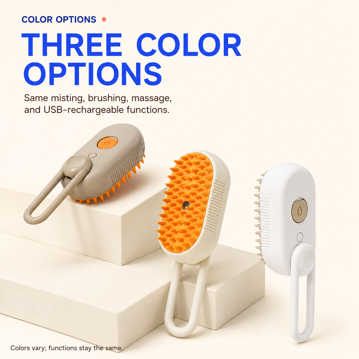 Taupe, Cream, and Porcelain White 3-in-1 misting grooming brush color options