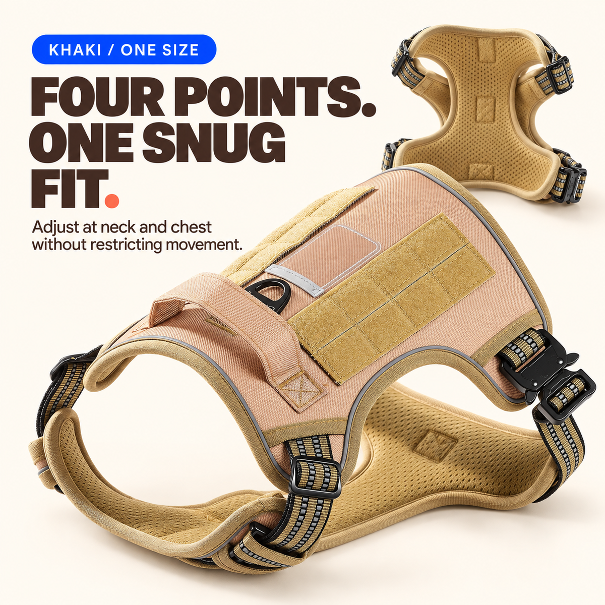 Khaki heavy-duty tactical dog harness shown from above with a second view of its breathable mesh lining.