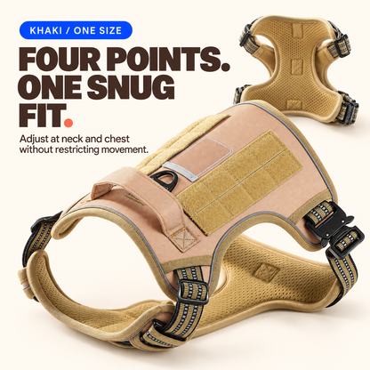 Khaki heavy-duty tactical dog harness shown from above with a second view of its breathable mesh lining.