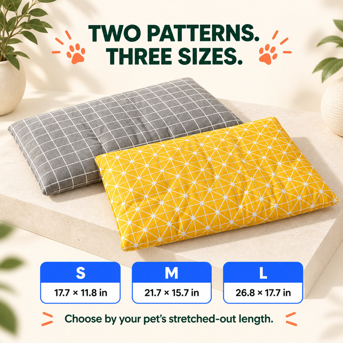 Grey windowpane and Yellow geometric Plush Winter Pet Bed Mat options with Small, Medium, and Large dimensions.