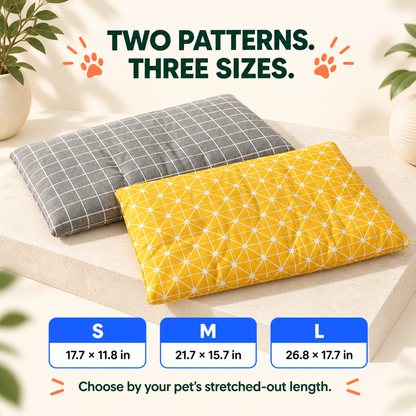 Grey windowpane and Yellow geometric Plush Winter Pet Bed Mat options with Small, Medium, and Large dimensions.