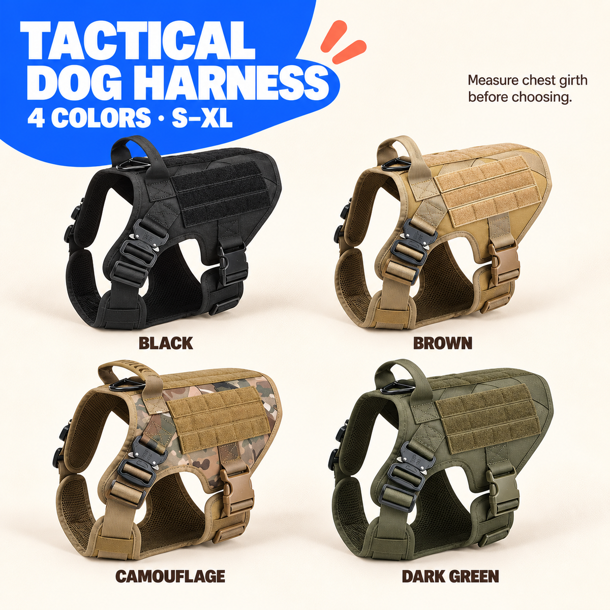Black, Brown, Camouflage, and Dark Green tactical dog harness color options in sizes S through XL.