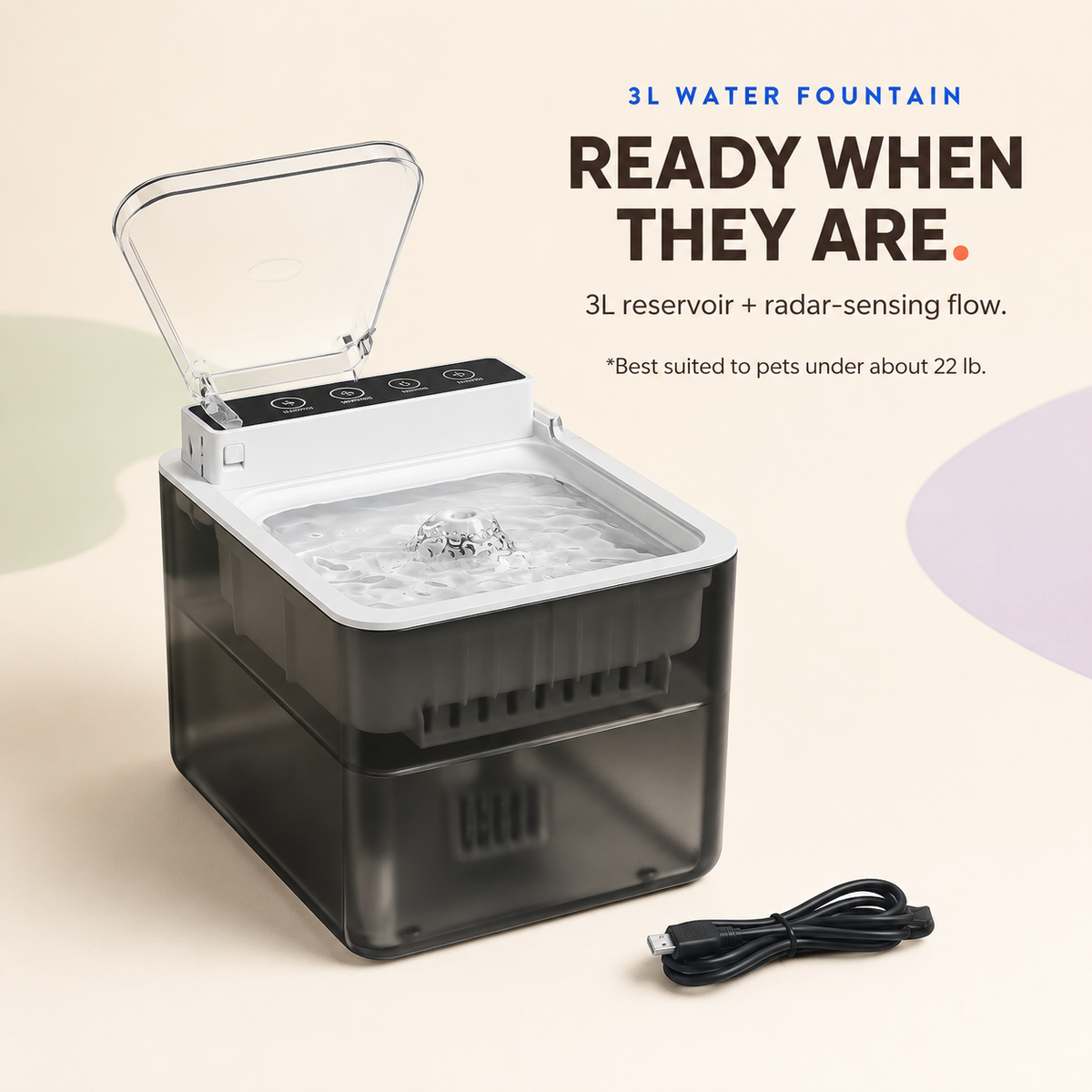 Black and white 3L automatic pet water fountain with open clear lid and Type-C cable