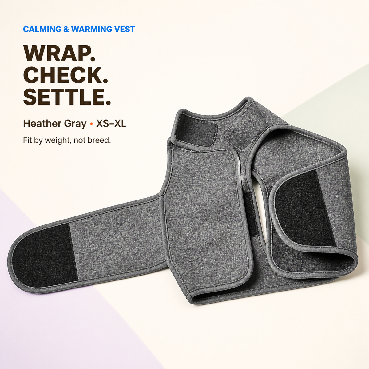 Heather Gray calming and warming dog wrap vest opened to show its overlapping hook-and-loop panels.