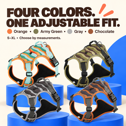 Orange, Army Green, Gray, and Chocolate reflective adjustable dog harness color options.