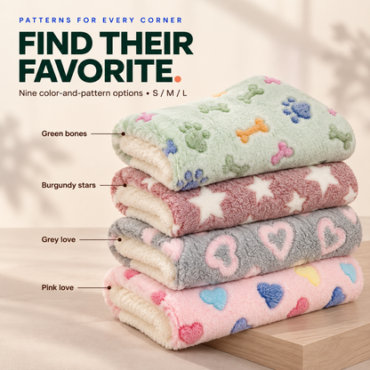 Green bones, Burgundy stars, Grey love, and Pink love thick flannel pet blanket options shown folded with cream plush reverses.