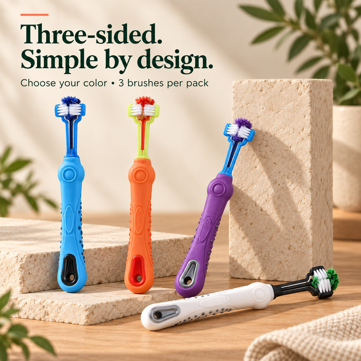 Blue, Orange, Violet, and White three-sided pet toothbrush color options, each available as a 3-pack.